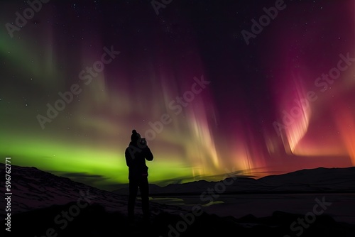 person, capturing the incredible aurora borealis and australis, with silhouette of person visible, created with generative ai