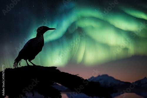 aurora borealis and australis, with silhouette of soaring bird in the foreground, created with generative ai