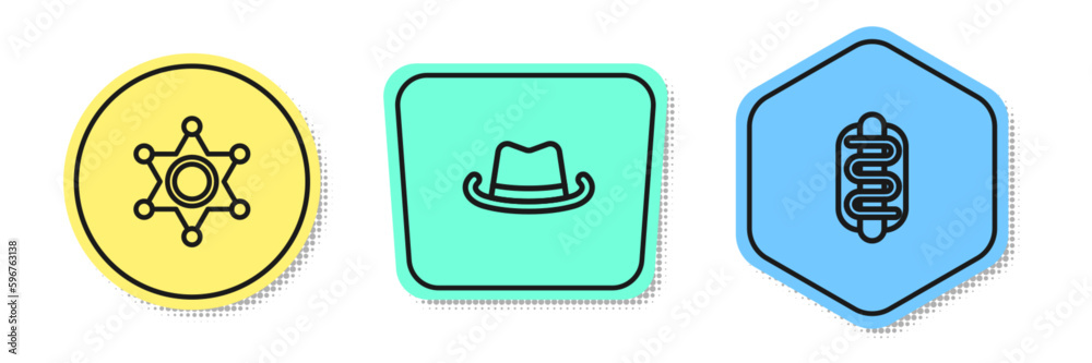 Set line Hexagram sheriff, Western cowboy hat and Hotdog sandwich. Colored shapes. Vector Set line Hexagram sheriff, Western cowboy hat and Hotdog sandwich. Colored shapes. Vector