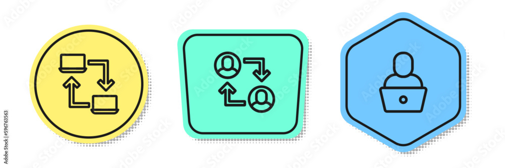 Set line Online working, Project team base and Freelancer. Colored shapes. Vector Set line Online working, Project team base and Freelancer. Colored shapes. Vector