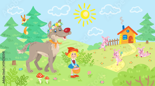 Little Red Riding Hood  gray wolf and three funny piglets in a forest glade among trees and flowers. Heroes of a fairy tale. Summer landscape. In cartoon style. Vector flat illustration.