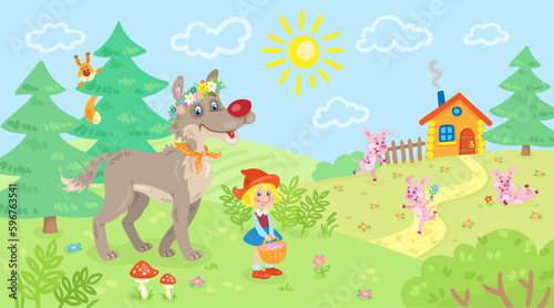 Little Red Riding Hood, gray wolf and three funny piglets in a forest glade among trees and flowers. Heroes of a fairy tale. Summer landscape. In cartoon style. Vector flat illustration.