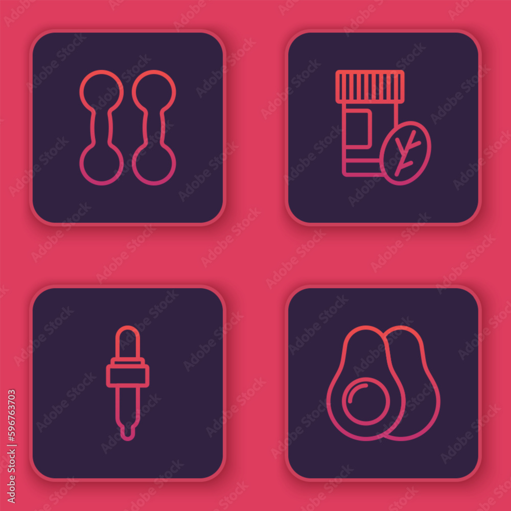 Set line Dumbbell, Pipette with oil, Vitamin pill and Avocado fruit. Blue square button. Vector Set line Dumbbell, Pipette with oil, Vitamin pill and Avocado fruit. Blue square button. Vector