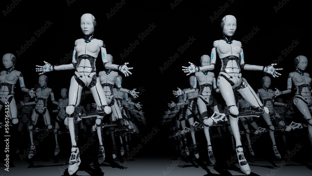 3d illustration of robots standing behind each other in line with black background silhouette picture of artificial intelligence 3d illustration of robots standing behind each other in line with black background silhouette picture of artificial intelligence