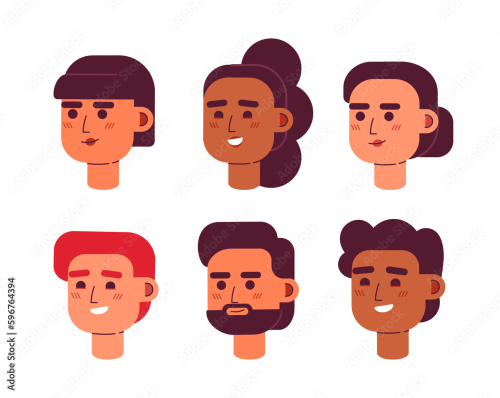 Pleasantly satisfied modern men, women semi flat vector character head set. Editable cartoon avatar icons. Face emotions. Colorful spot illustration pack for web graphic design and animation