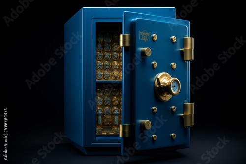 A blue safe with gold doors to store money securely. Generative AI
