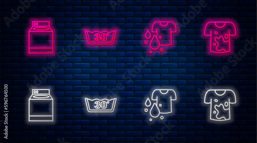 Set line Temperature wash, Dirty t-shirt, Washer and . Glowing neon icon on brick wall. Vector