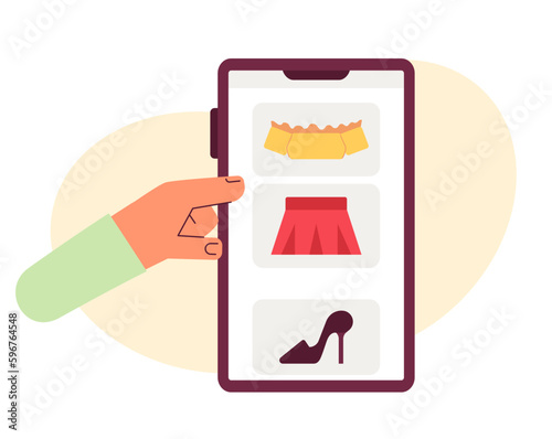 Scrolling through online clothing store feed flat concept vector spot illustration. Editable 2D cartoon first view hand on white for web UI design. Buying women clothes on phone creative hero image