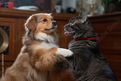 close-up of cat and dog, dancing to the same beat in competition, created with generative ai