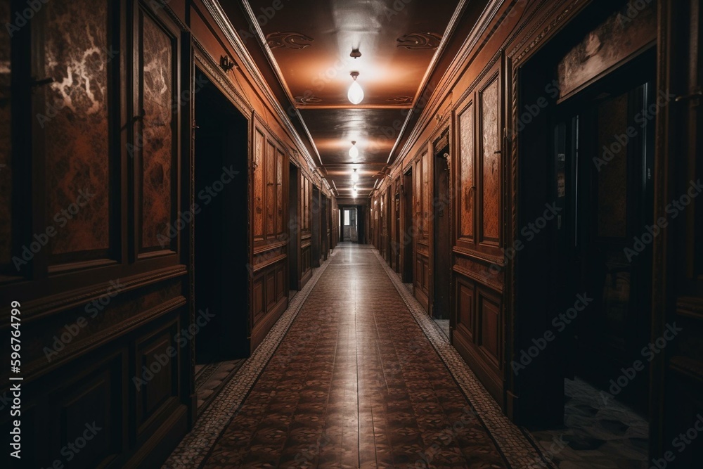 Dim hallway inside. Generative AI