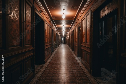 Dim hallway inside. Generative AI