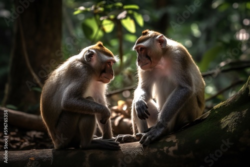 AI Generative.  Discover the Power of Social Bonds  Witness Two Macaques Grooming each Other 