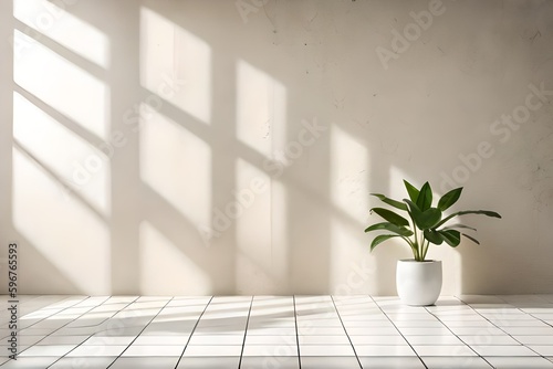 Empty room beige brown cement with texture  soft beautiful dappled sunlight  pot plants and shadow on white wall