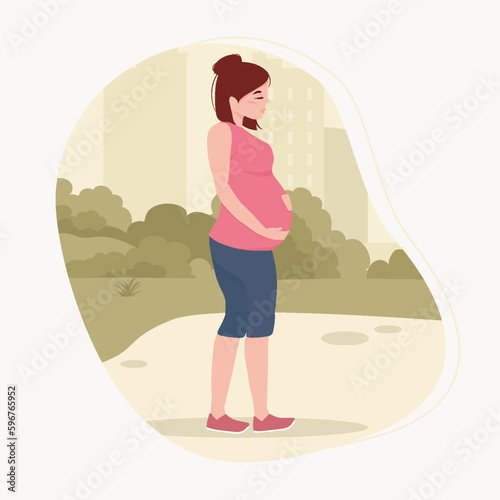 Healthy lifestyle. A pregnant girl walks in the park in the fresh air.Ready-to-print postcard.