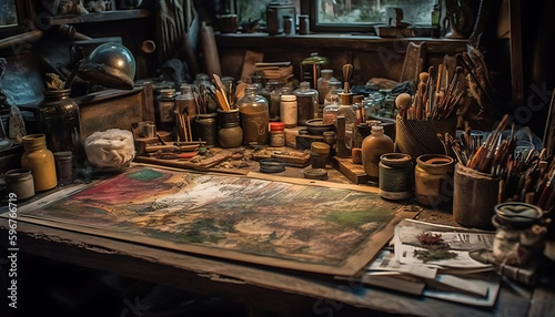 An artist desk full of drawings from the hobbit: colourful ,paint spilled,  brushes, pencils, sketch, generative ai