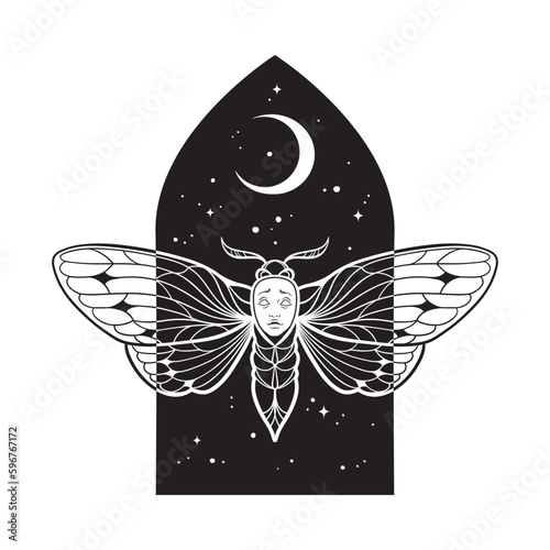 Gothic moth with face over night sky with crescent moon hand drawn line art gothic tattoo design isolated vector illustration