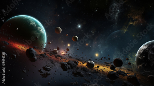 3d space background, a cosmic scene with planets and asteroids, ai generated