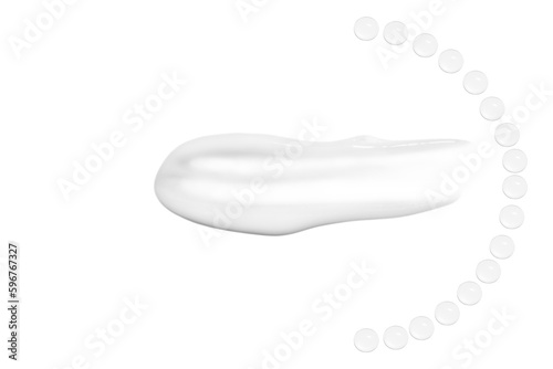 Drops of transparent gel and a dab of white cosmetic cream. On a white background.
