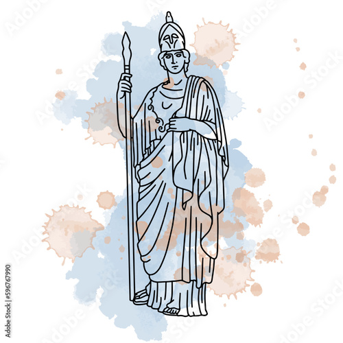 Vector illustration of antique statue Athena Giustiniani. Line art of Minerva with watercolor background photo