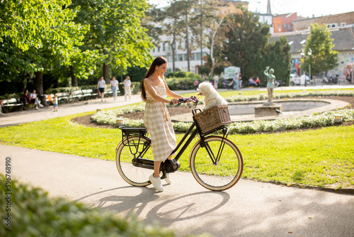 Fotografering Young woman with white bichon frise dog in the basket of electric bike