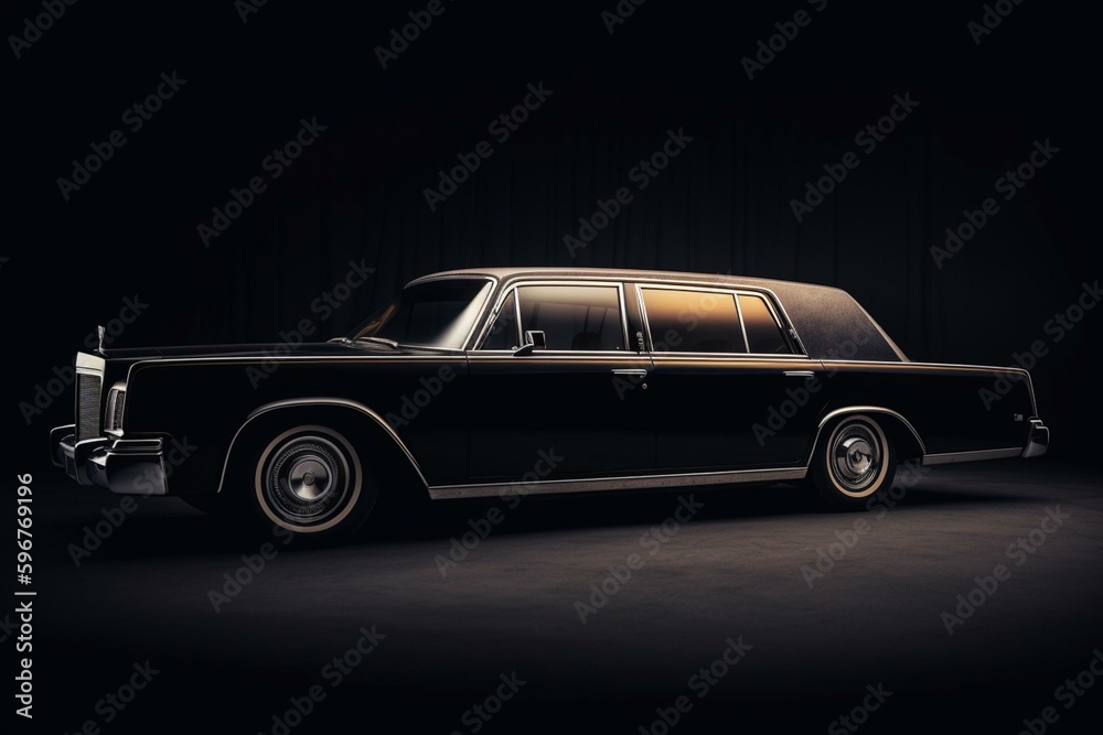 Isolated side-view of a black, boxy, vintage limousine from the 1970s/1980s with an elegant and retro appearance. Generative AI