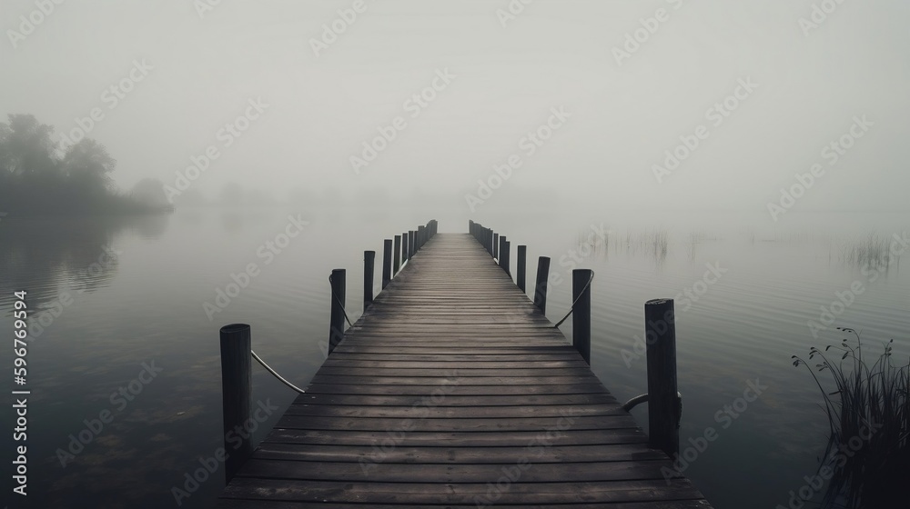 Fototapeta premium Wooden pier in misty morning by the lake. generative AI