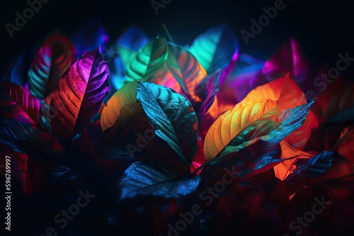 Abstract Neon Dreams: Colours and Patterns of Multicolored Tropical Leaves on Asphalt and Concrete. Generative AI
