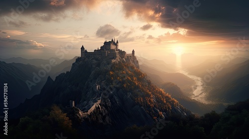 Fantasy Sunrise at the Mediaeval Castle Over the Majestic Mountain Peaks: A Nature Panorama of Clouds, Rocks, and Sky. Generative AI © AIGen