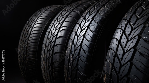 New Car Tires on Black Background: A Closeup of Automotive Transport. Generative AI