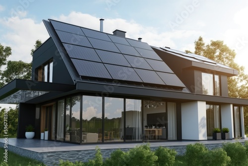 Solar panels on modern house roof, modern eco-living, AI generated © Nattawat
