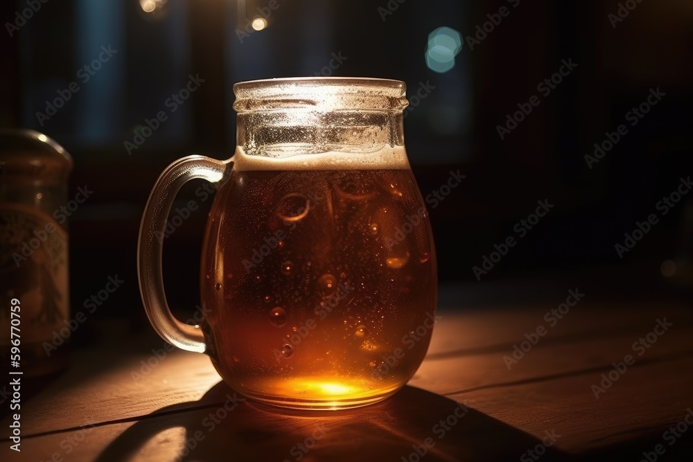 Close up glass of beer in Cozy Bar, generative AI Close up glass of beer in Cozy Bar, generative AI