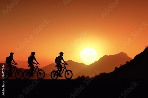 Backpacker family ride a bike on the road at sunset go to the mountain, behind view, silhouette, AIi generated