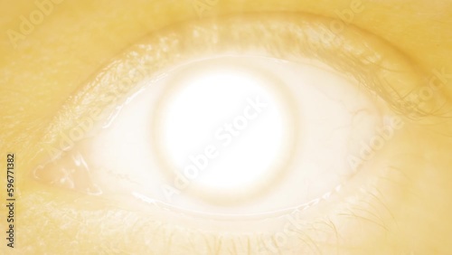 Eye pupil of woman becomes bright light glowing close view photo