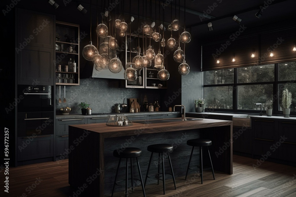 Contemporary kitchen with dark furniture, wood elements, and suspension lights. Generative AI
