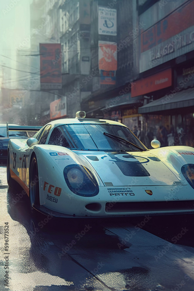 Obraz premium Race classic sport car on Tokyo street, airbrush and watercolor style illustration, Generative AI