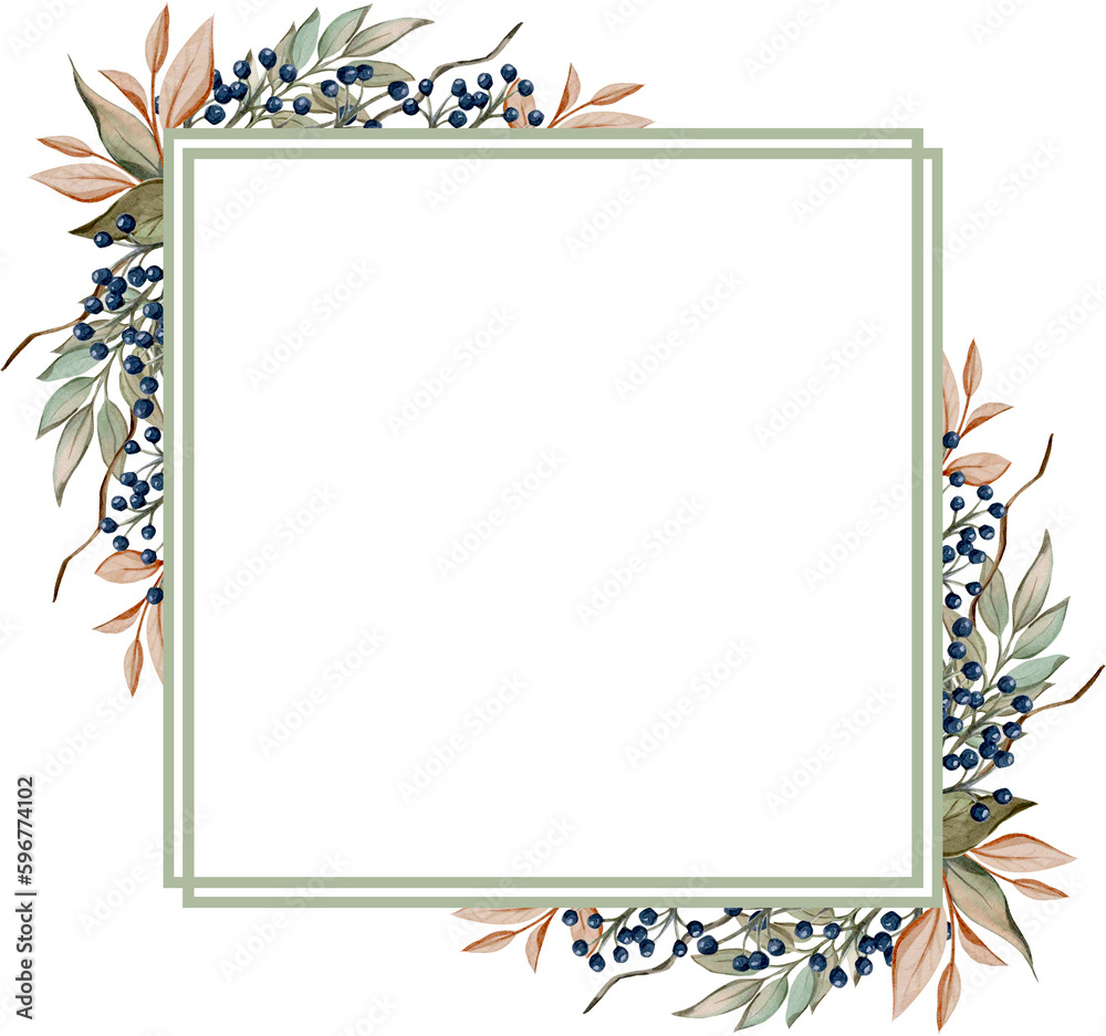 Obraz premium Watercolor frames with cotton, eucalyptus and leaves. Framework on a white background. Design of invitations