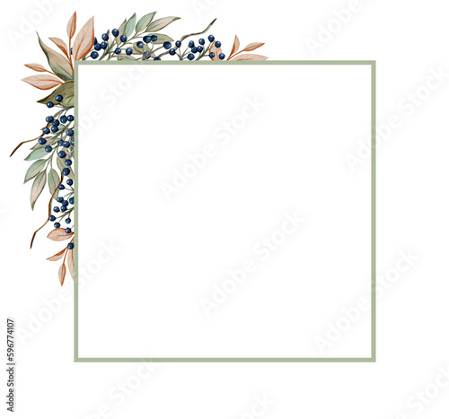 Watercolor frames with cotton, eucalyptus and leaves. Framework on a white background. Design of invitations