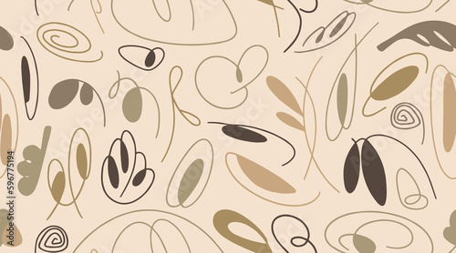 Seamless beige pattern with organic abstract elements. Hand drawn abstract colored doodles, curved strokes. Vector chaotic decorative texture. organic forms.