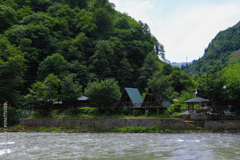 Small tiny house and mountain landscape Small tiny house and mountain landscape