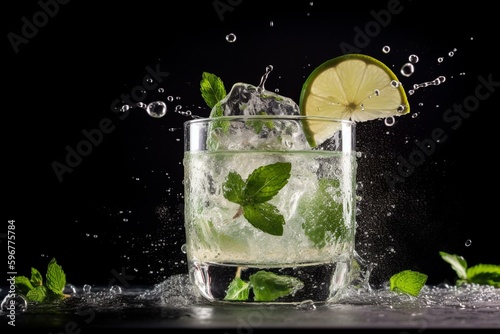 Refreshing mojito with water splash, ice, mint, and lime. Citrusy and minty. Perfect summer drink. Generative AI