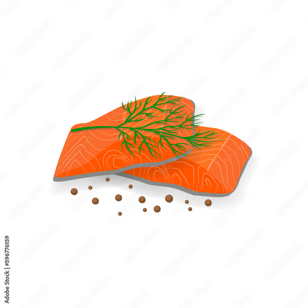 Salmon meat cubes in flat style, black peppercorns. Organic eco fish product. . Vector illustration on white background