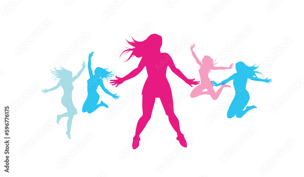 silhouette colorate di ragazze che saltano su sfondo bianco