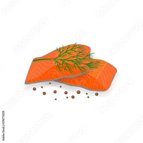 Obraz na płótnie Salmon meat cubes in flat style, black peppercorns. Organic eco fish product. . Vector illustration on white background w salonie