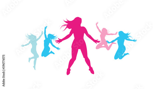 silhouette colorate di ragazze che saltano su sfondo bianco