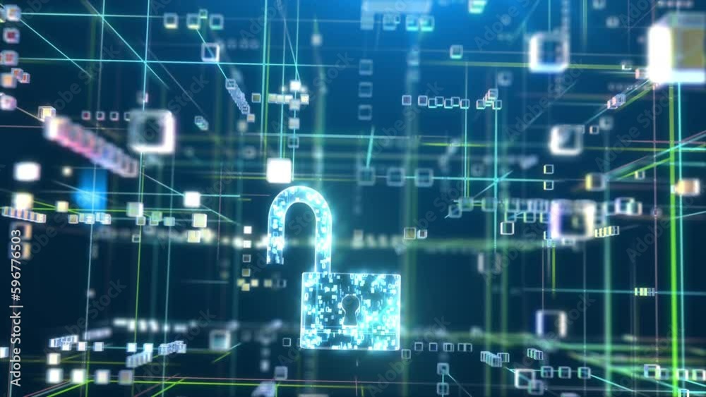 Cyber Security. Camera Flies Through the Digital Data Network to the Closing Lock. Beautiful 3D Animation Cyber Security. Camera Flies Through the Digital Data Network to the Closing Lock. Beautiful 3D Animation
