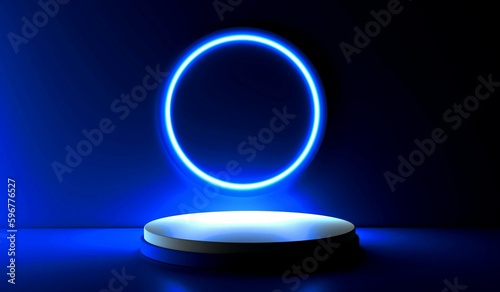 Blue realistic 3d cylinder stand podium with glowing white neon in circle shape. Abstract 3D Rendering geometric forms. Minimal scene. Stage showcase  Mockup product display.