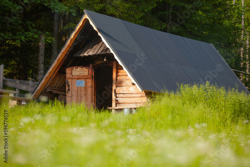 Bacówka pod Reglami w Zakopanem i okolice. Drewniana, góralska chata na szlaku wśród zielonej trawy.  © rogozinski