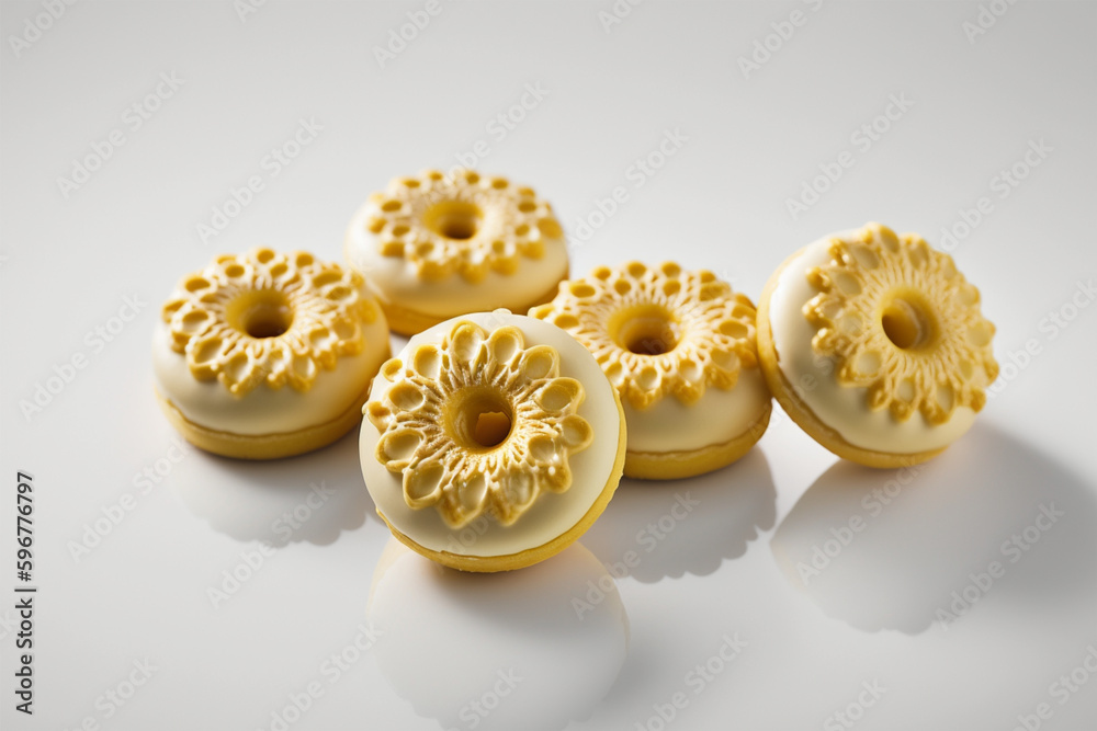 Donuts on a white background with reflection, close-up. created with generative AI Donuts on a white background with reflection, close-up. created with generative AI