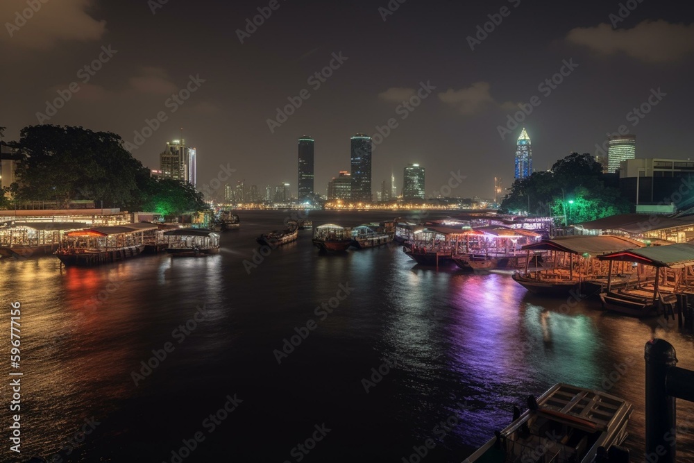 Timelapse of Bangkok's Sathorn pier on Chaopraya river with various boats. Generative AI