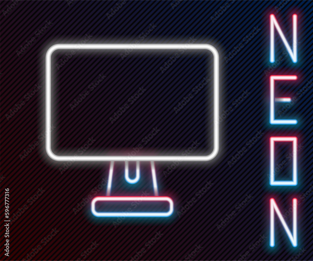 Glowing neon line Computer monitor screen icon isolated on black background. Electronic device. Front view. Colorful outline concept. Vector Glowing neon line Computer monitor screen icon isolated on black background. Electronic device. Front view. Colorful outline concept. Vector